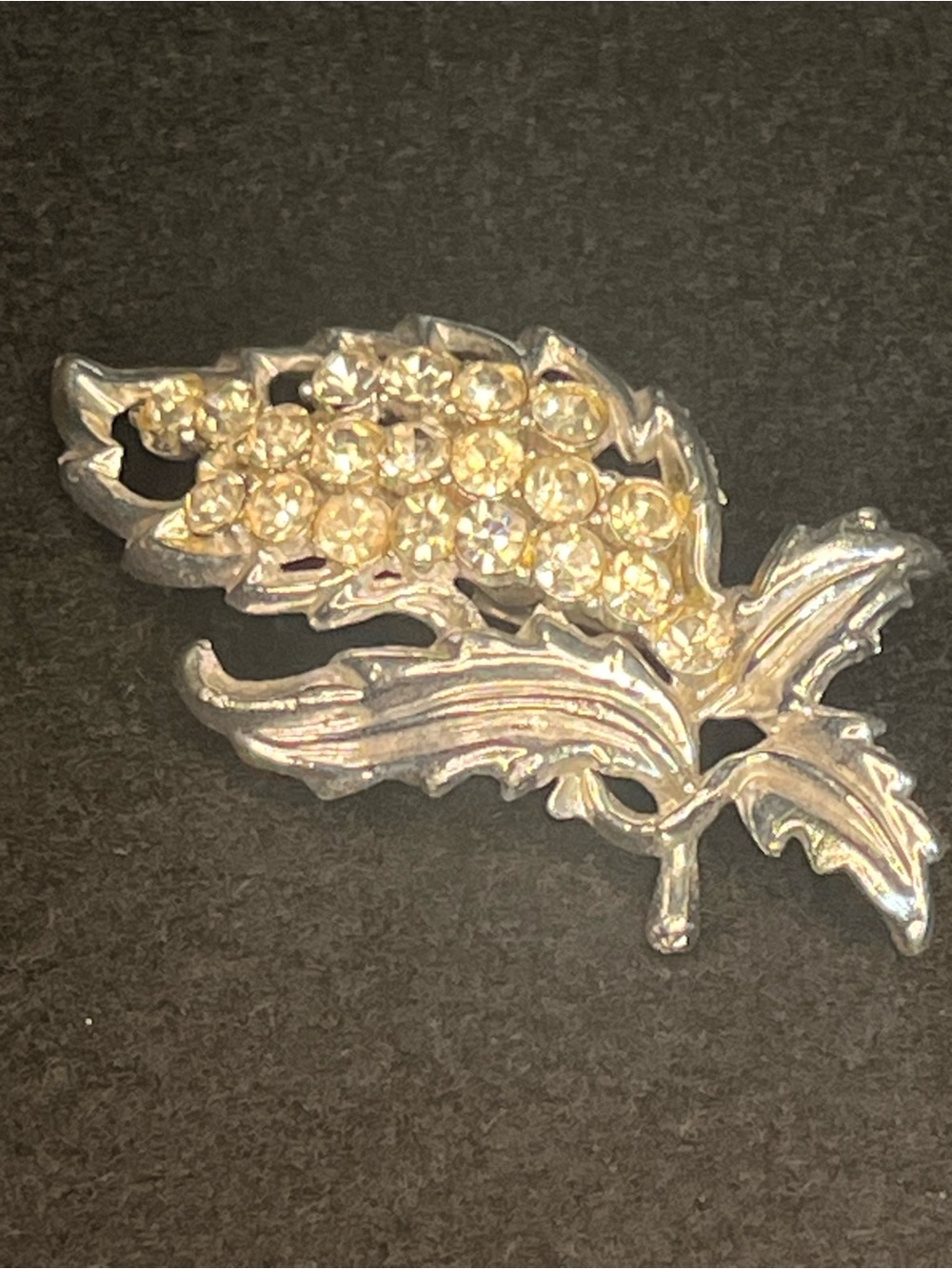 Vintage Rhinestone Floral Spray Brooch Silver Tone